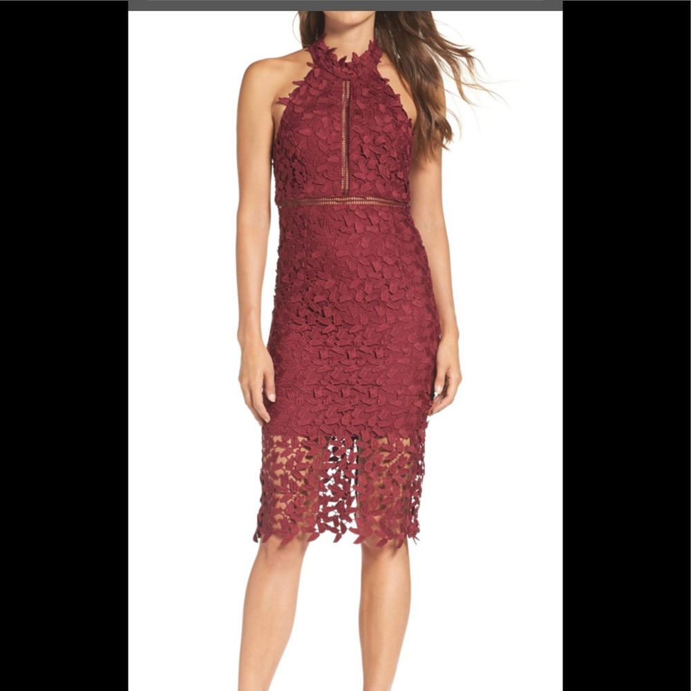 bardot gemma halter lace sheath dress